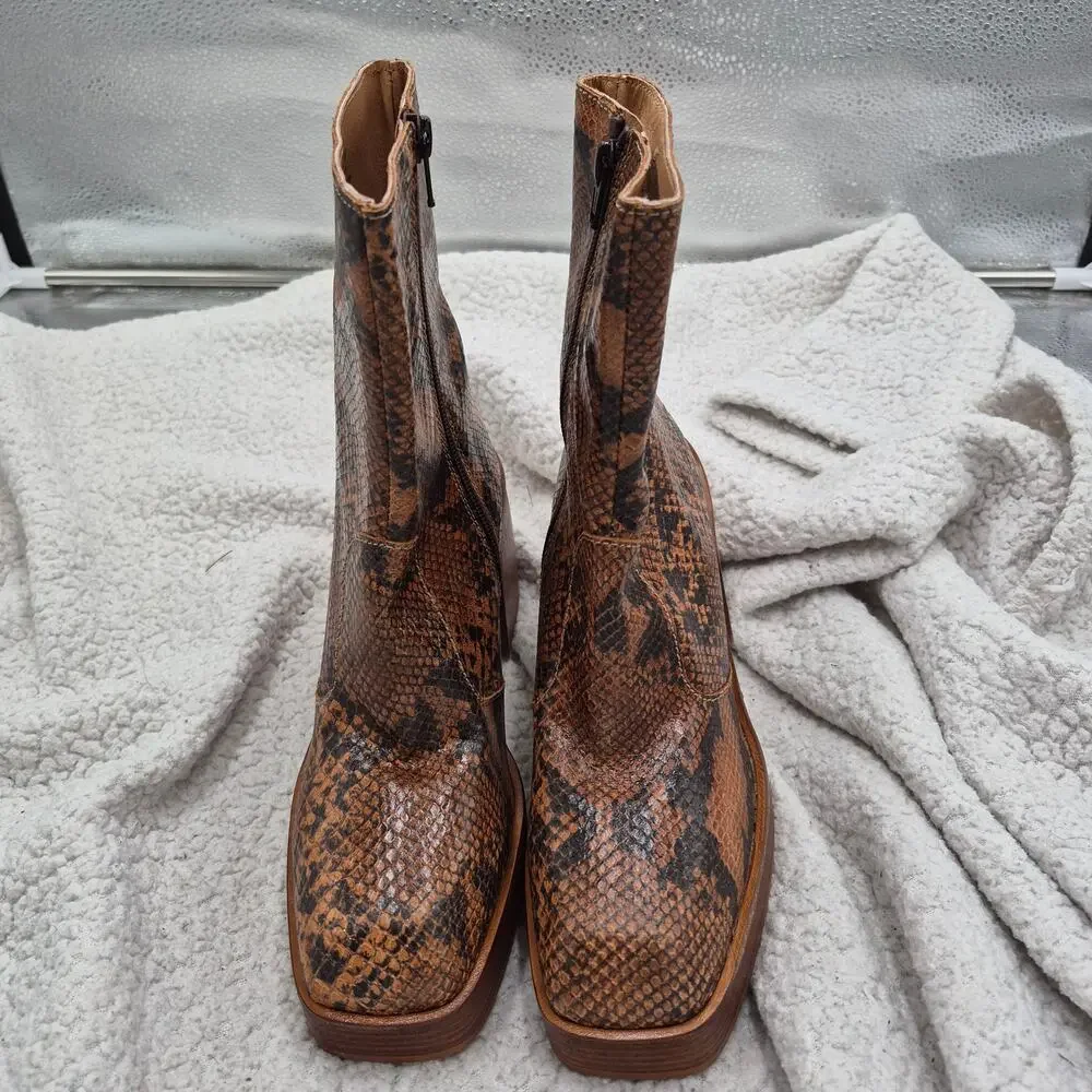 NEW Free People Ruby Platform Boots brown snake print leather women size 39 US 9
